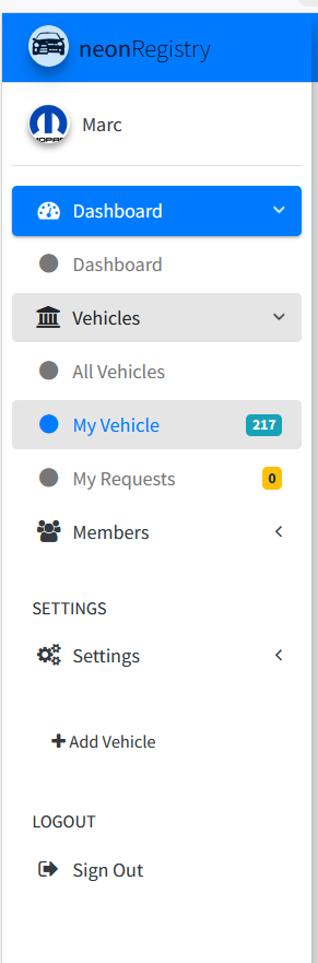 Neon Registry sidebar showing Vehicles and My Vehicles