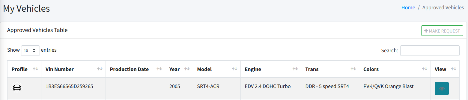 My Vehicles table with eye icon in the View column
