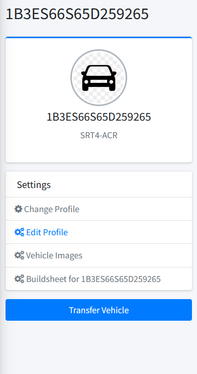 Vehicle profile page with Edit Profile under Settings