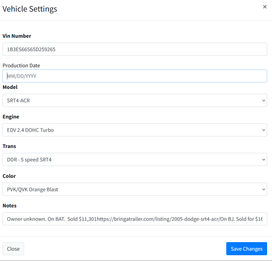 Vehicle Settings modal showing editable fields 1