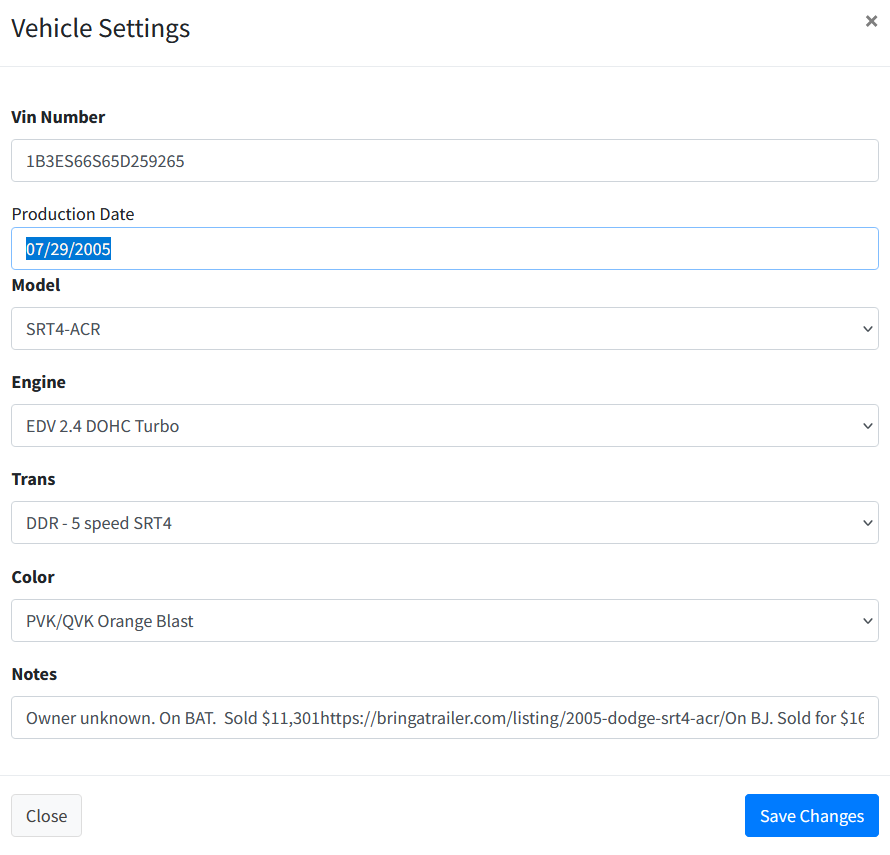 Vehicle Settings modal showing editable fields 2